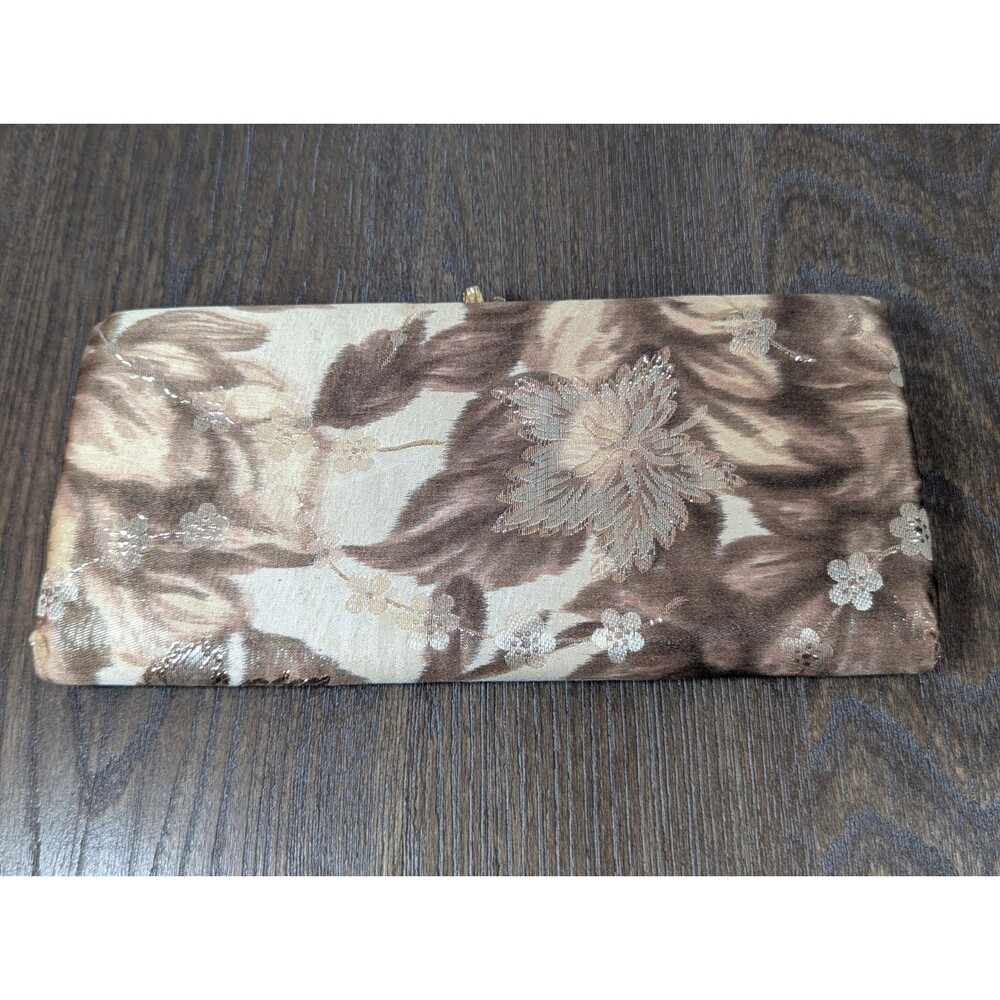 VTG Clutch Purse Beige Gold Embroidered Floral Brocade Fabric Lined Mid Century